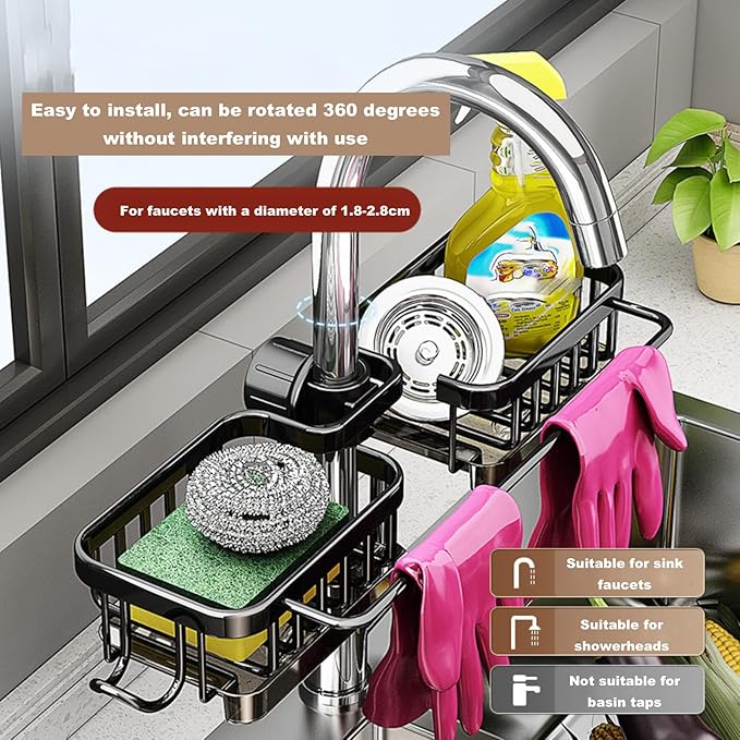 Sink Organizer Rack for Kitchen and Bathroom,Stainless Steel Detachable Hanging Faucet Drain Rack with Drip Tray Faucet Sponge Holder for Bathroom (Black, L&R as One)