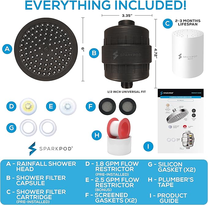 SparkPod Luxury Filtered Shower Head Set 23 Stage Shower Filter - Reduces Chlorine and Heavy Metals - High Pressure Showerhead Filter (6" Round, Vintage Oil-Rubbed Bronze)