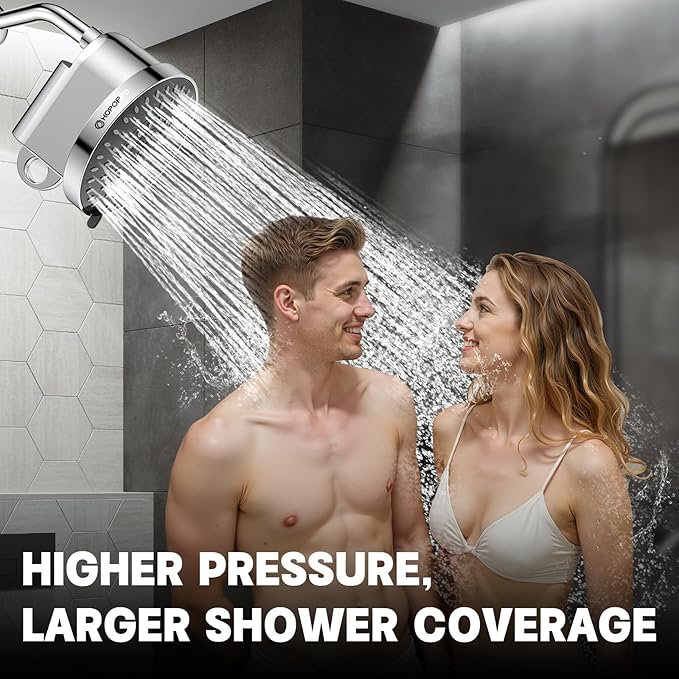 High Flow Filtered Shower Head, HOPOPRO 5 Modes High Pressure Fixed Showerhead with NSF Certified Filter Replacement Cartridge, Remove 99% Chlorine, Improves Skin Hair Condition (6 Inch Silver)