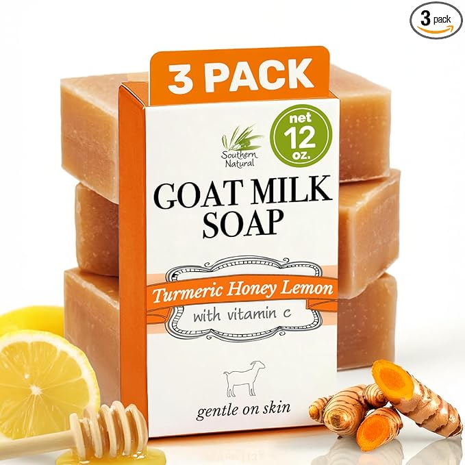 Southern Natural Turmeric Honey Lemon Goat Milk Soap - Handmade, All Natural Turmeric Soap Bar for Face & Body. Gentle Hydration & Nourishment For A Natural Glow & Even Skin Tone, 3 Pack