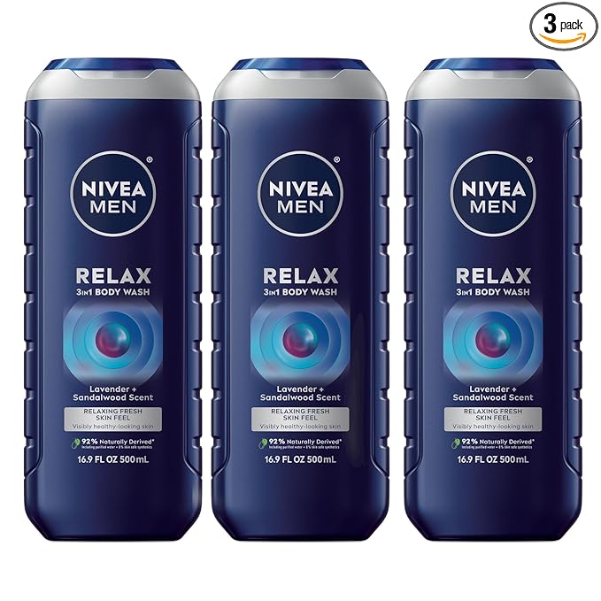 NIVEA MEN Relax Body Wash, Lavender and Sandalwood Scent, 3-in-1 Men's Body Wash, Face and Hair, Paraben Free, Vegan Formula, pH-Skin Friendly, 16.9 Fl Oz Bottle, Pack of 3
