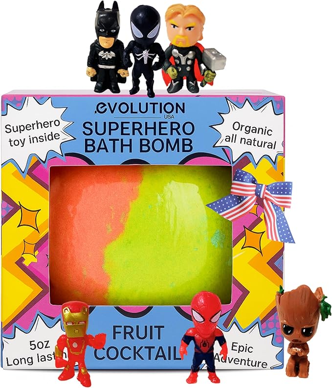 EvolutionUSA 1pc Green Epic Superhero Bath Bombs for Kids – Super Hero Bath Bomb Toy Inside, Lush Childrens Bath Bomb, Organic Bathbomb with Surprise, Superhero Bath Fizzer Christmas, Birthday, Easter