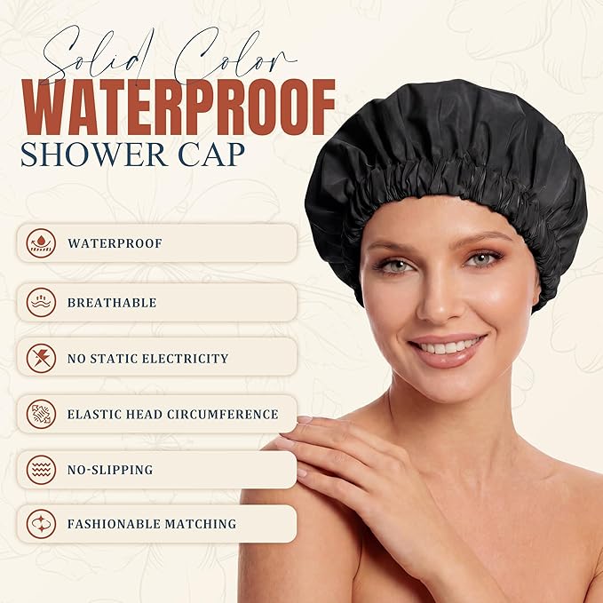 Reusable Shower Cap for Women, Large Waterproof Shower Bonnet with Elastic Band, Washable Bath Hair Cap for Long, Curly Hair, Braids, Daily Shower, Home Spa, Travel(Black)