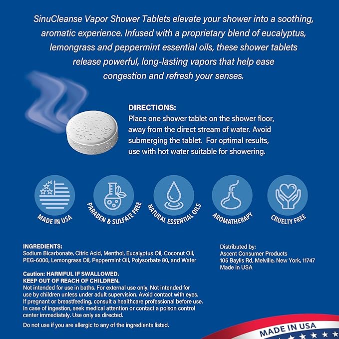 Sinucleanse Vapor Shower Steamers, All Natural Eucalyptus, Mint & Lemongrass Aromatherapy, 12 Extra Large Vapor Shower Tablets, Relaxation and Spa Gifts for Women and Men, Made in USA