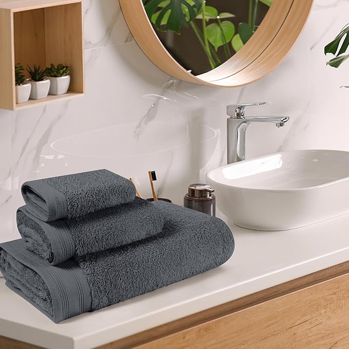 Ultra Soft 3 Pack Cotton Towel Set, Contains a Bath Towels 28x55 inch, a Hand Towels 16x24 inch & a Wash Coths 12x12 inch, Ideal Everyday use, Compact & Lightweight - Charcoal Grey