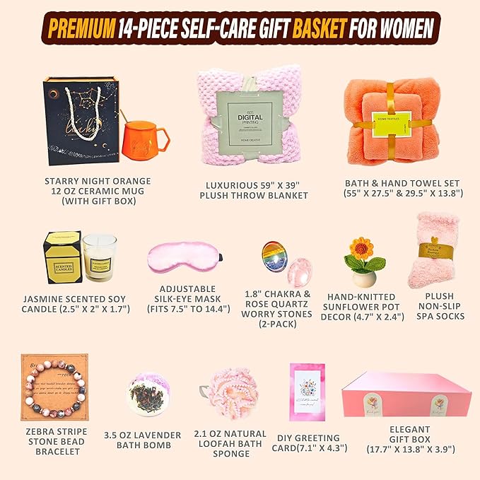 14PCS Care Package for Women Get Well Soon Gift Basket with Blanket, Ceramic Mug, Spa Items | Self Care Gifts for Women Recovery Thinking of You Feel Better Encouragement Sympathy Gifts
