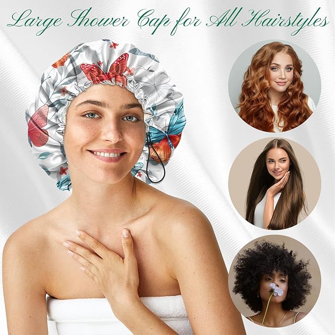 2 PCS Shower Cap Waterproof Double Layer Elastic Adjustable Reusable Hair Bath Caps for Girls Women Cute Aesthetic-White