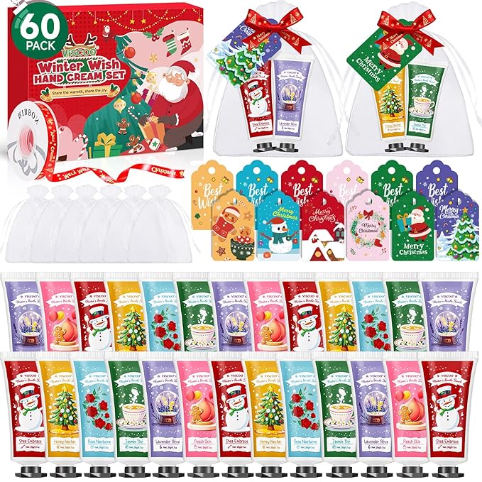 VISCOO 60 Sets Christmas Hand Cream Gift Set for Women, Hand Lotion In Bulk for Dry Cracked Hands Travel Size, Christmas Gifts with Cards and Organza Gift Bags, Stocking Stuffers for Women Teen Girls