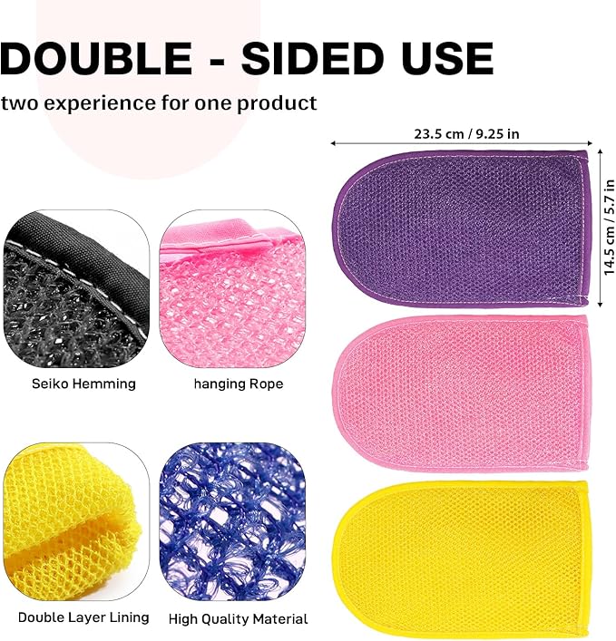 African Net Sponge Exfoliating Gloves, 3-Pack Bath Mitts for Deep Cleaning & Dead Skin Removal, Assorted Colors (Pink, Yellow, Purple)