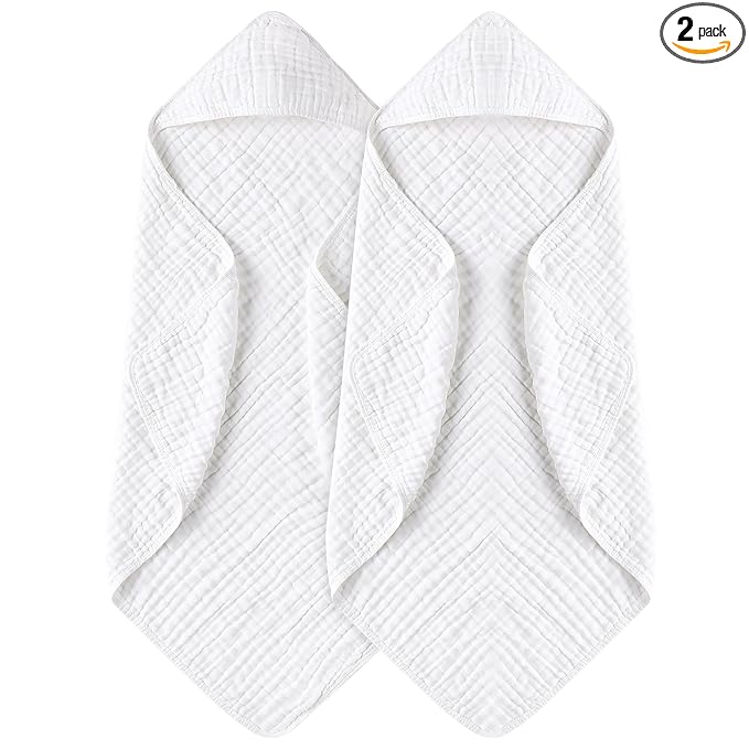 Yoofoss Hooded Baby Towels for Newborn 2 Pack 100% Muslin Organic Cotton Baby Bath Towel with Hood for Babies, Infant, Toddler and Kids, 32x32Inch, Soft and Absorbent Newborn Essential,White-2 Pack