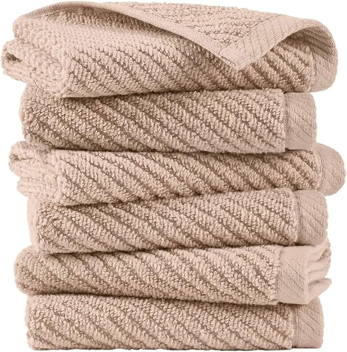 Madison Park 6-Piece Towel Washcloths Set for Bathroom 13" x 13" Diagonal Ribbed, Beige - 100% Cotton Soft Quick Dry & Absorbent Gift | Zero Twist, 500 GSM, Oeko-TEX, Hotel Quality