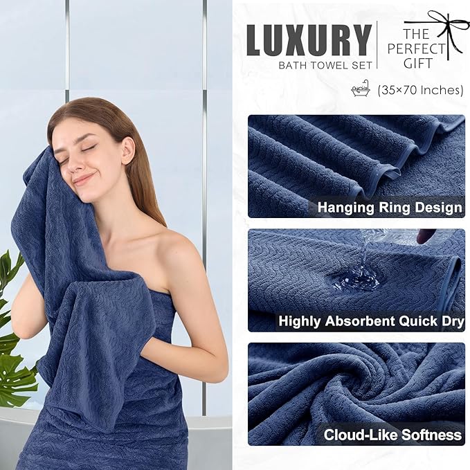 8 Piece Bath Towel Set Navy |2 Oversized Large Bath Sheet,2 Hand Towels,4 Washcloths| Ultra Soft Cozy Bath Towel Set for Bathroom Hotel Gym Spa,Highly Absorbent & Quick Dry Bathroom Towel Collections