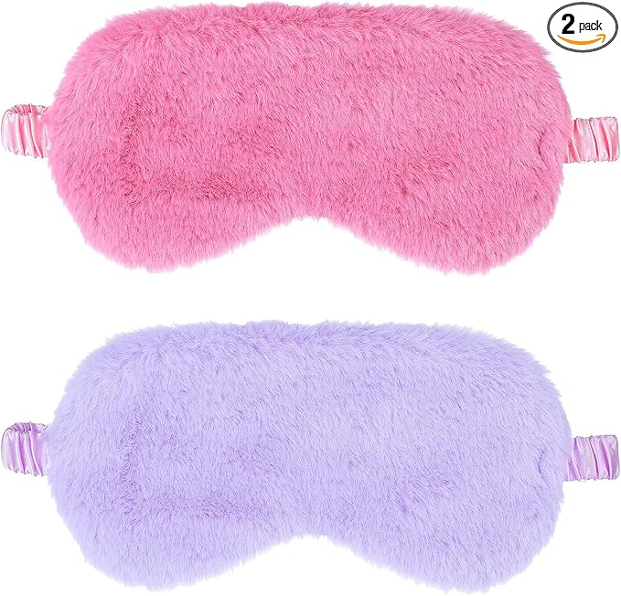 2 Pcs Plush Eye Mask Soft Sleeping Blindfold Eye Cover Comfortable Furry Faux Fur Sleeping Mask Satin Nap Night Eyeshade Cover for Women Men Gift (Rose, Violet)