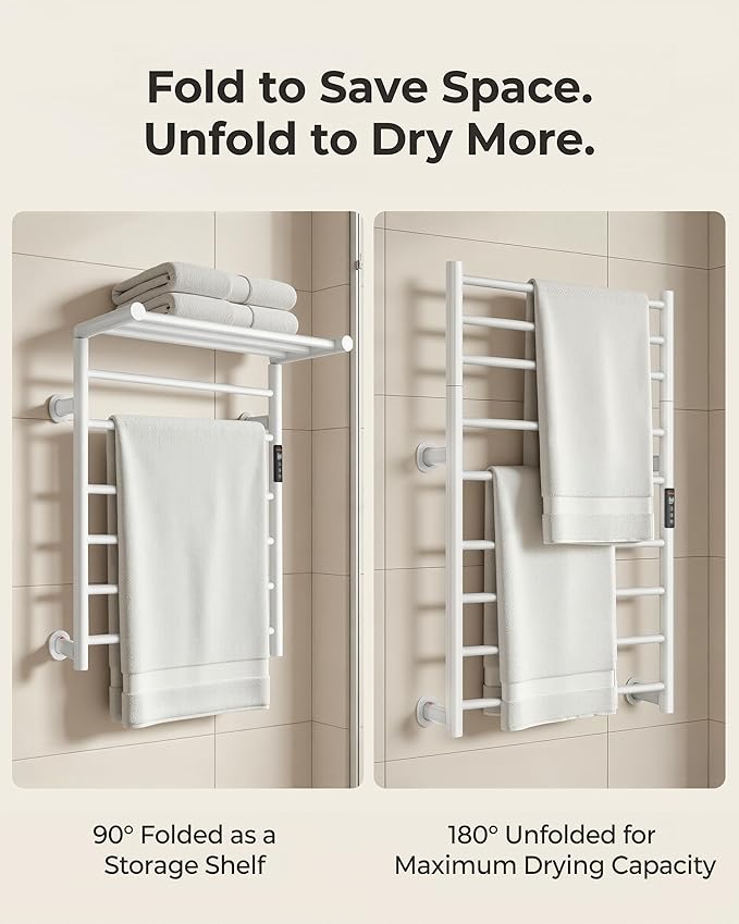 Foldable Heated Towel Rack, Dual-Zone Electric Towel Warmer Rack with Timer, GFCI Plug-in or Hardwired, Wall-Mounted, Drill-Free Installation, Matte White, CA3-900X550-Standard-MW