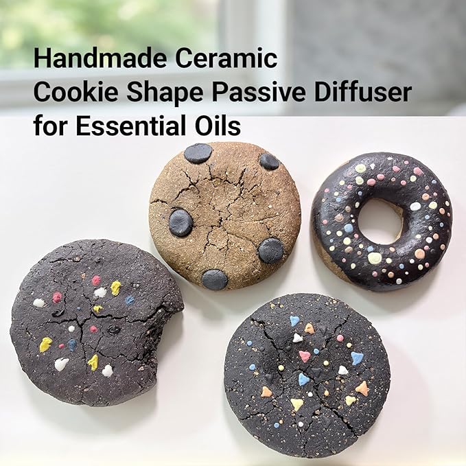 Handmade Ceramic Cookie Shape Passive Diffuser for Essential Oils, Aromatherapy Home Office Car Decor, Natural Clay, Round, Assorted Colors (1, Doughnut)