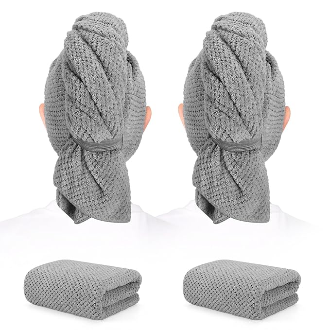 BEoffer 2 Pack Microfiber Hair Towel - 41 x 24 inches Super Soft, Absorbent, Fast Drying Without Frizz Hair Towel Wrap for Women Long, Thick, Curly Hair - Hair Turbans with Elastic Strap
