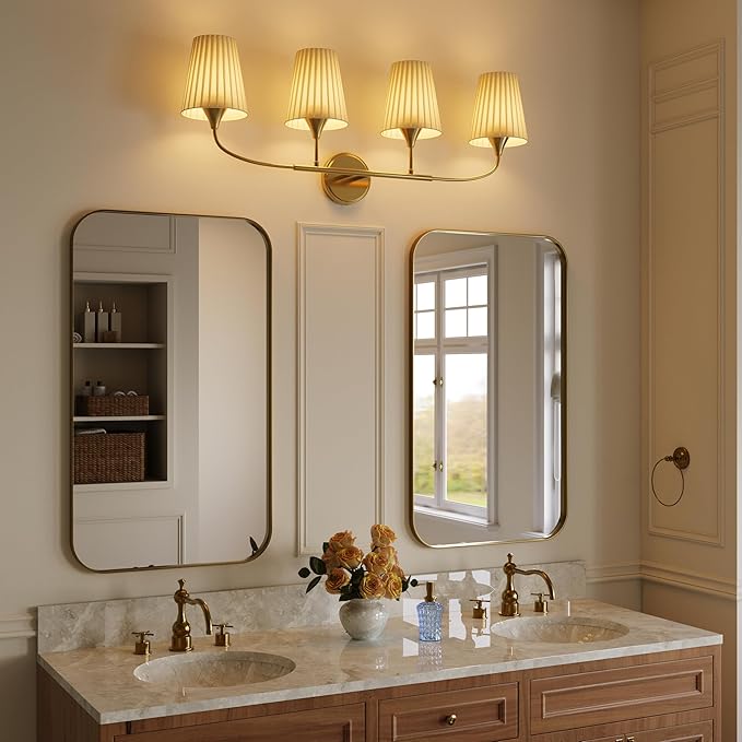 4-Light Bathroom Light Fixtures, Gold Bathroom Vanity Light Over Mirror, Modern Light Fixtures with Flared Fabric Shade for E26 Bulbs, Wall Sconce Light for Bedroom, Hallway with ETL
