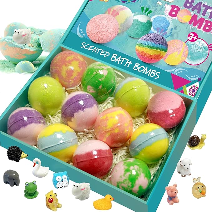 Bath Bombs for Kids with Surprise Inside, 12pcs Bath Bombs with Toys, Organic Colorful Bubble Bath Fizzy Ball, Easter Gifts Set for Kids, Birthday, Easter Basket Stuffers Gift for Boys Girls