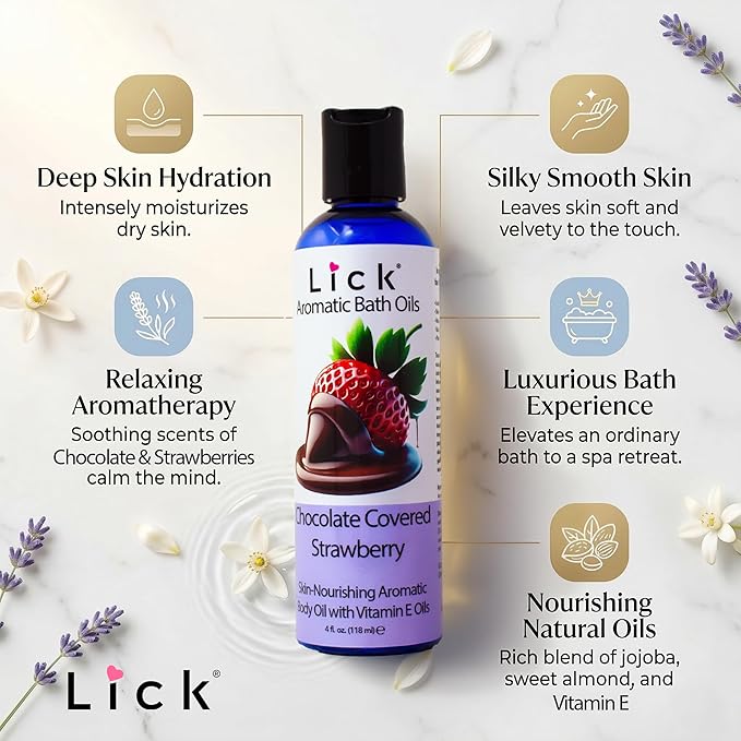 Lick Chocolate Covered Strawberry Aromatic Bath Oil - Indulgent Dessert Blends - Aromatherapy Soak Oils for Skin Softening, 4 oz