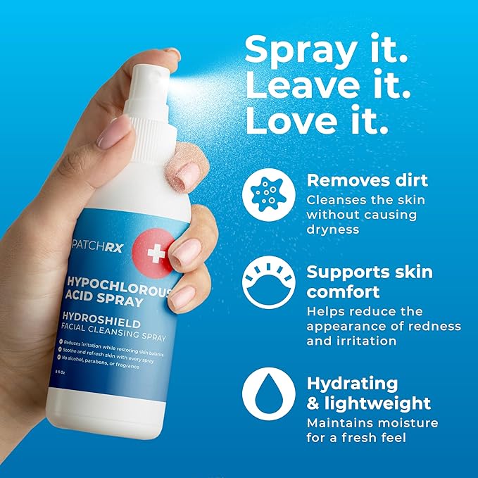 PatchRx Hypochlorous Acid Spray (8oz, 2 packs), HOCL Facial Cleanser Acne Spray for Face, Body, Eczema, Pimples, Breakouts & Overall Skin Recovery (Reduces Redness)