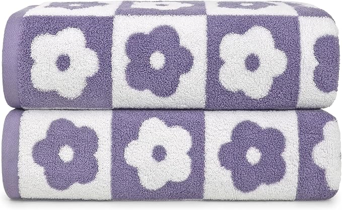 Jacquotha 2-Pieces Luxury Bath Towels Checkered Floral, Purple Towels for Women Girls Shower Body 27.5x55 Inches, Cute Bathroom Decor, Cotton