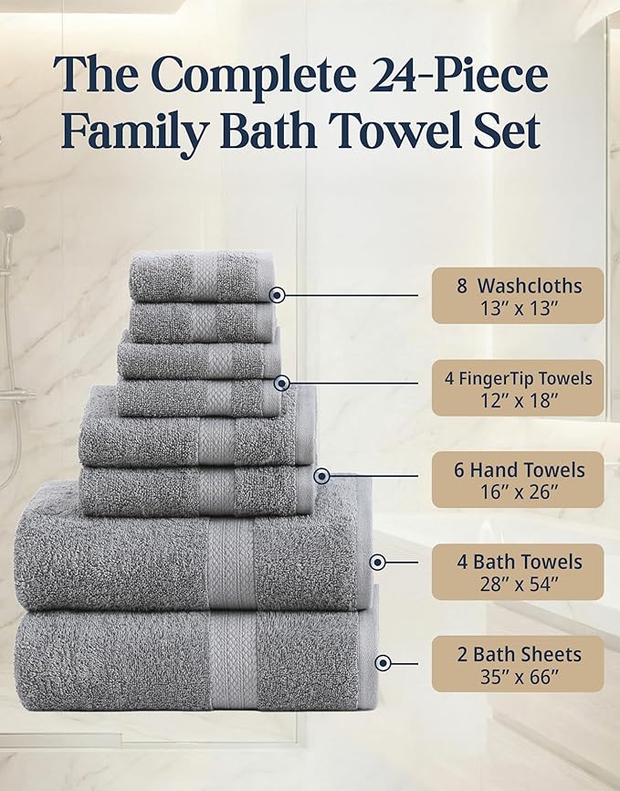 LANE LINEN Luxury 24 PCs Bath Towels Set - 100% Ring Spun Cotton Towels for Bathroom - Quick Dry, Soft & Absorbent, Perfect for Kids, Guest & Everyday Use - Oeko Tex Certified -Space Grey