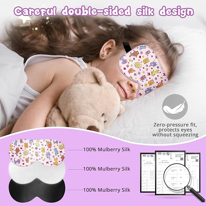 Kids Sleep Mask Eye Cover: 100% Real Natural Pure Silk Eye Mask with Adjustable Strap, Funny Blindfold Kids Eye Mask for Sleeping, Soft & Lightweight Eye Shade for Boys Girls Teens (Cats Style)