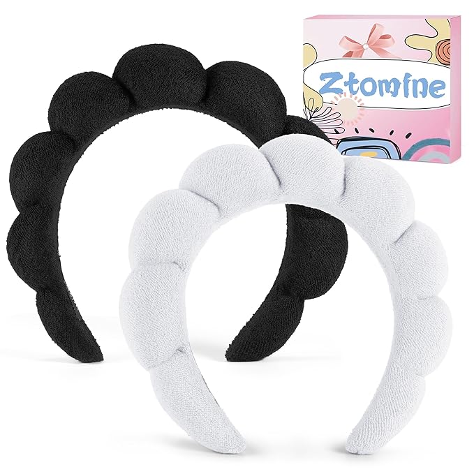 Ztomine Spa Headbands, Set of 2 - Terry Cloth Headband for Washing Face or Facial, Puffy Makeup Headbands for Face Washing, Mask, Skin Treatment - 1 White & 1 Black