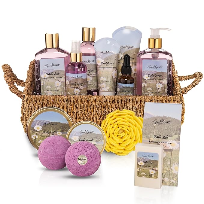 Aqua Elegante Bath Spa Gift Set - 15 Piece Premium Basket with Wash, Bubble Bath, Lotion, Salts, Body Scrub, Towel, Shower Puff, Bathbombs, Reusable Basket, Gifts for Women - Lavender & Chamomile