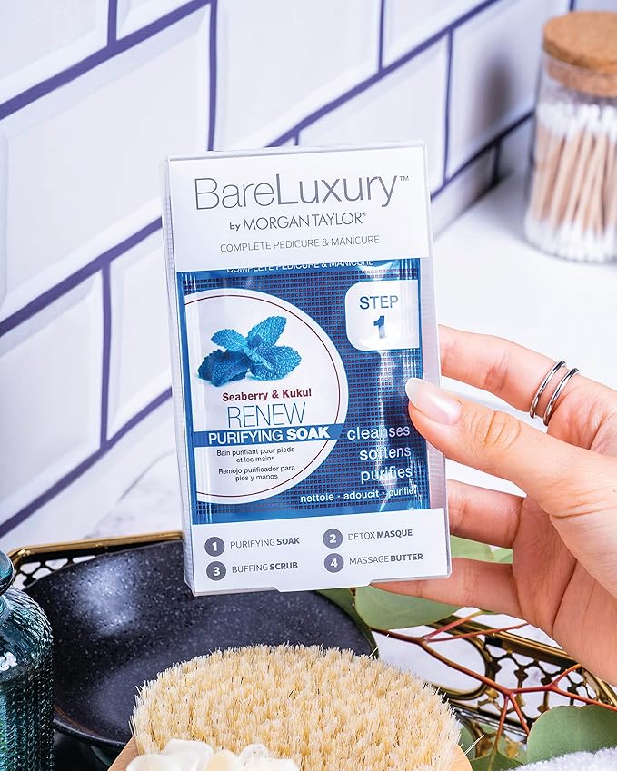 Morgan Taylor BareLuxury 4-Step Complete Pedicure & Manicure Packs - Complete Nail Care Kit with Soak, Masque, Scrub & Massage Butter, Professional Spa-Quality Treatments (Renew Seaberry & Kukui)
