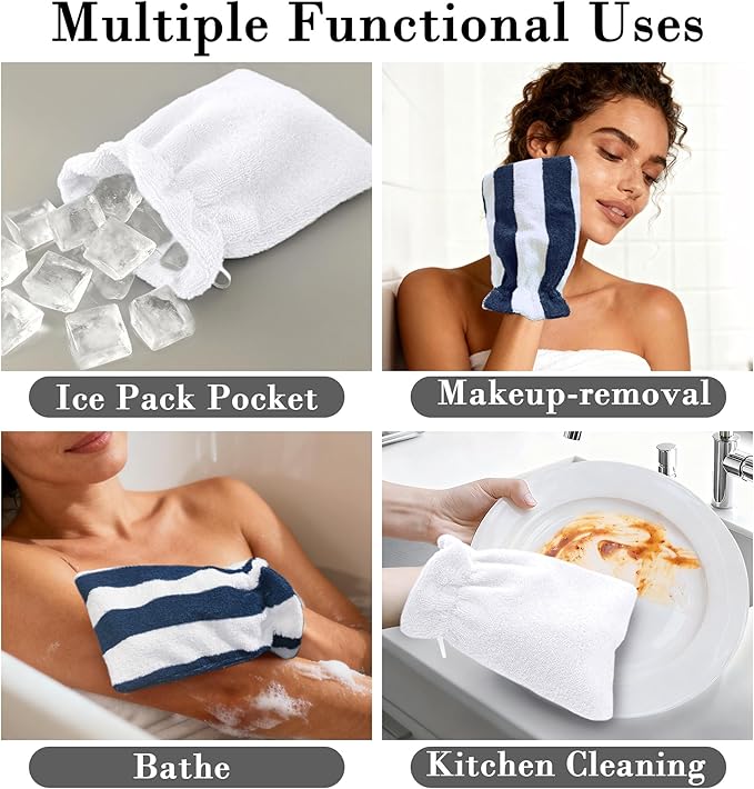 VOOVA & MOVAS Bath Mitts for Shower, 6-Pack, 8.3x6.3 Inch, 100% Cotton Soft Absorbent Wash Cloths with Hanging Loop, European Style Body & Bath Wash Mitts, Pink Stripe & White