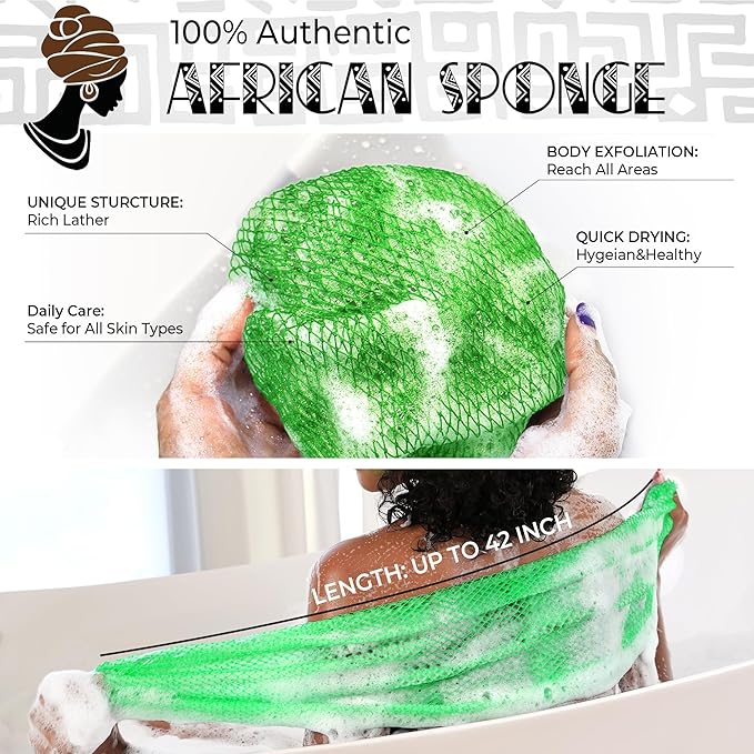 African Net Sponge Authentic - 2 Pieces Exfoliating Body Scrubber Bath Sponge Camellia&Green- Back Scrubber Washcloth for Shower - Real African Scrub Exfoliator Body Care Bathing Accessorie