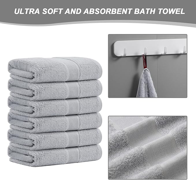 Aibaser Bath Towels, 27x54inch - Natural, Ultra Absorbent Towels for Bathroom, Travel, Gym, Shower and Spa (6 Piece Set) (Light Grey)
