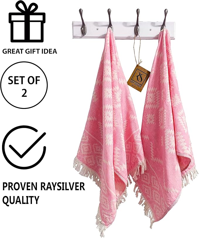 RAY SILVER Aztec Turkish Hand Towels Set of 2 100% Cotton Peshtemal Soft Feel 18 x 36 Light Weight Travel Camping Bath Sauna Beach Gym Pool Blanket Quick Dry Oversized Towel (Pink, Hand Towel)