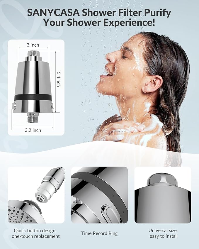 SANYCASA Hard Water Shower Filter - Removes Chlorine, Heavy Metals & Scale - KDF Technology for Softer Skin & Hair - Fits Most Rain & Handheld Showerheads - (Chrome Polished)