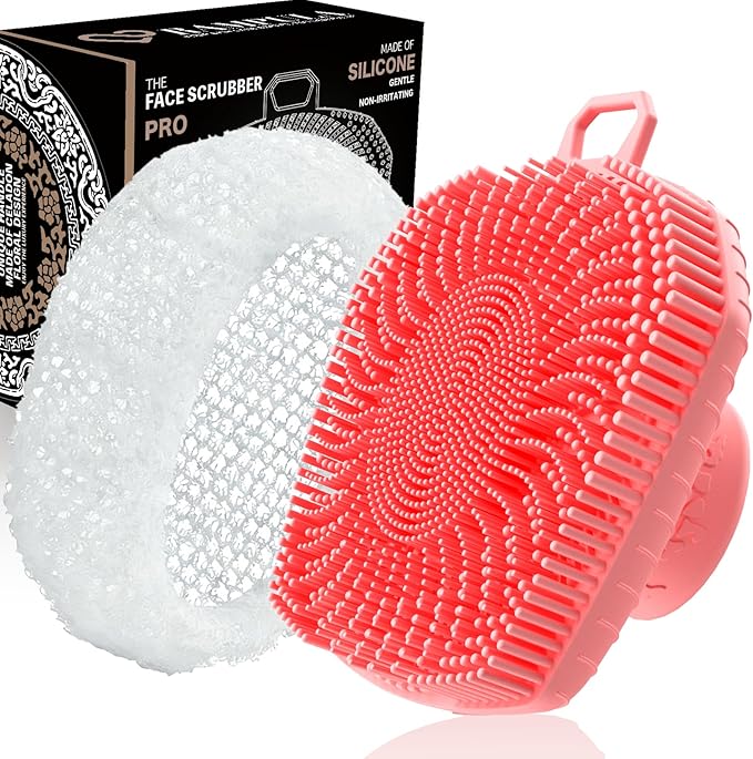 RamPula Face Scrubber & African Net, Silicone Exfoliating Brush for Men, Facial Cleansing Brush, Manual Waterproof Cleansing Skin Care, Blackhead Removing Pore Cleansing Massaging Face Brushes - Pink
