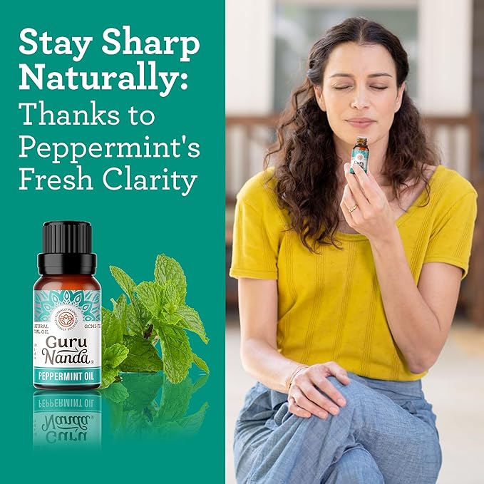 GuruNanda Peppermint Essential Oil, 100% Pure, Natural & Undiluted Aromatherapy Oil for Diffusers & DIY Recipes, Invigorating Scent Supports Focus and Clarity (2X0.5 Fl Oz)
