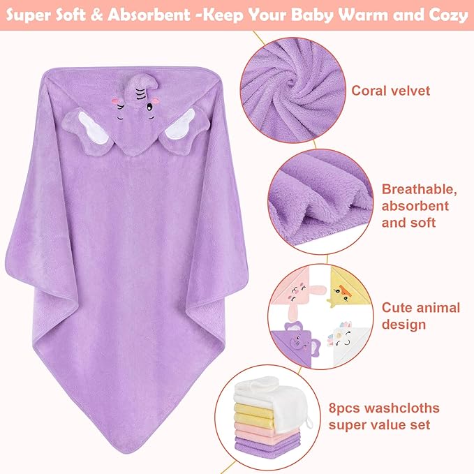 CandyHome 12 PCS Baby Bath Towels for Infants Toddlers, 4 PCS Animal Hooded Baby Towels & 8 PCS Washcloths Set, Ultra Absorbent Soft Cute Newborn Bath Essential Gifts for Boys & Girls