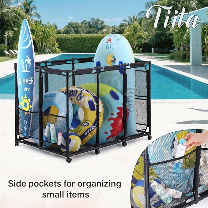 Tiita Pool Storage Bin, Rolling Pool Toy Storage Organizer,Parts & Accessories，Pool & Spa Replacement Parts（Black）