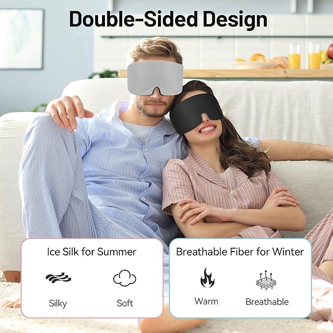 LOVE EYE Dual Side Sleep Mask, Ice Silk Eye Sleeping Mask & Blindfold with Adjustable Strap, Warm and Cool Side Total Blackout Eye Covers for Women Men Sleep Travel Nap (Black)