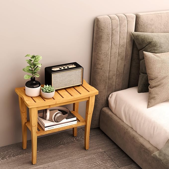 Greenual Bamboo Shower Bench 2-Tier Spa Shower Stool for Inside Shower with Storage Shelf and Non-Slip Feet Shower Chair Seat Organizer for Bathroom or Living Room