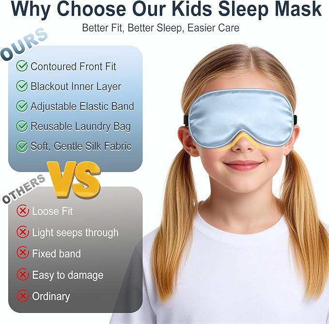 Kids Sleep Mask, Kids Eye Mask for Boys Girls, Kid Silk Eye Masks with Adjustable Strap for Sleeping, 100% Light-Blocking Sleep Eye Cover, Includes Protective Laundry Bag (Blue)