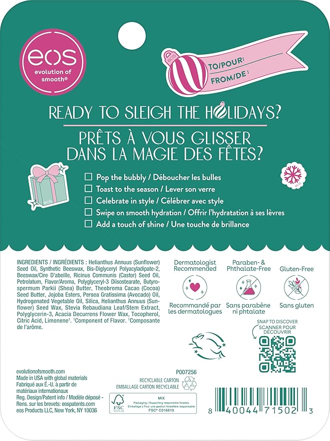 eos Holiday 24H Moisture Super Balm Gift Set, Pink Champagne & Candy Cane Swirl, Limited Edition, Stocking Stuffers, Holiday Lip Mask, 0.35 fl oz, 2-pack