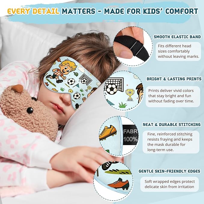 Kids Sleep Mask – 100% Mulberry Silk Eye Mask with Adjustable Strap, Soft Light Blocking Sleeping Mask for Children, Cute Printed Eye Cover for Boys Girls Ages 5-15 (Soccer Style)