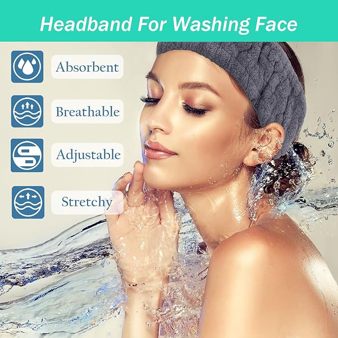 Microfiber Spa Headband 3-Pack, Soft Terry Cloth Headband for Washing Face, Facial Mask, Makeup, Shower, Yoga, Gift for Women and Teens (Gray+Milk White+Pink)