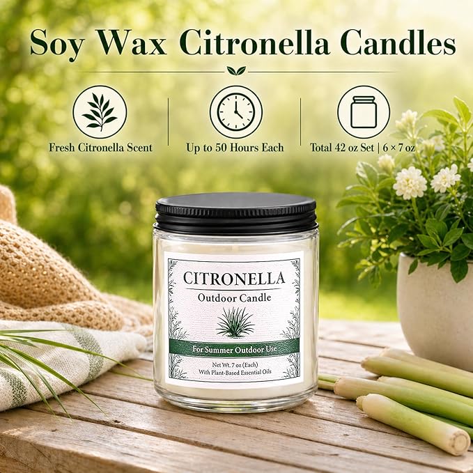 Citronella Candles Outdoor - 6 Pack Natural Soy Wax Citronella Candles for Patio,Garden,Yard, Balcony BBQ, Camping, Party, up to 200 Hours Burning Summer Outside Candle Set