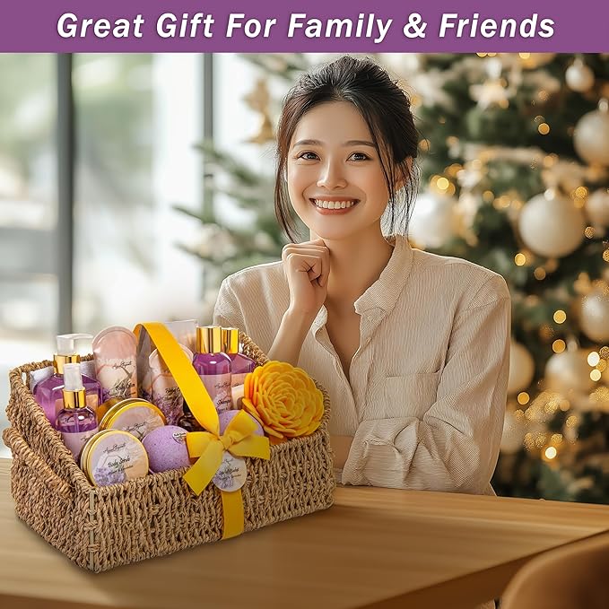 Aqua Elegante Bath Spa Gift Set - 15 Piece Premium Basket with Wash, Bubble Bath, Lotion, Salts, Body Scrub, Towel, Shower Puff, Bathbombs, Reusable Basket, Gifts for Women - Honey & Lavender