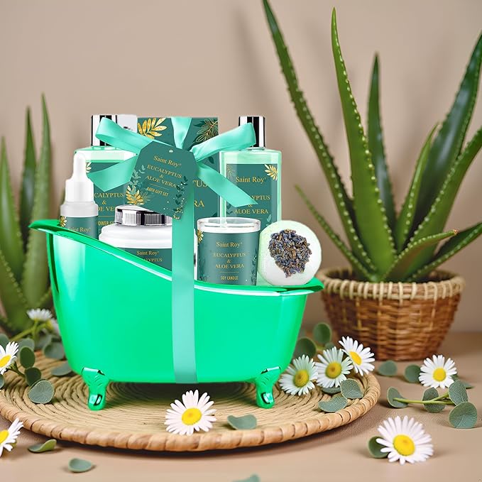 Mother day Spa Gift Basket, bath and body Basket, Christmas Gifts for Women Her him, Bath Baskets for Women, 8 pcs Eucalyptus Aloe Spa shower gift, Birthday Gifts bath kit, Self Care Bath Gift Set