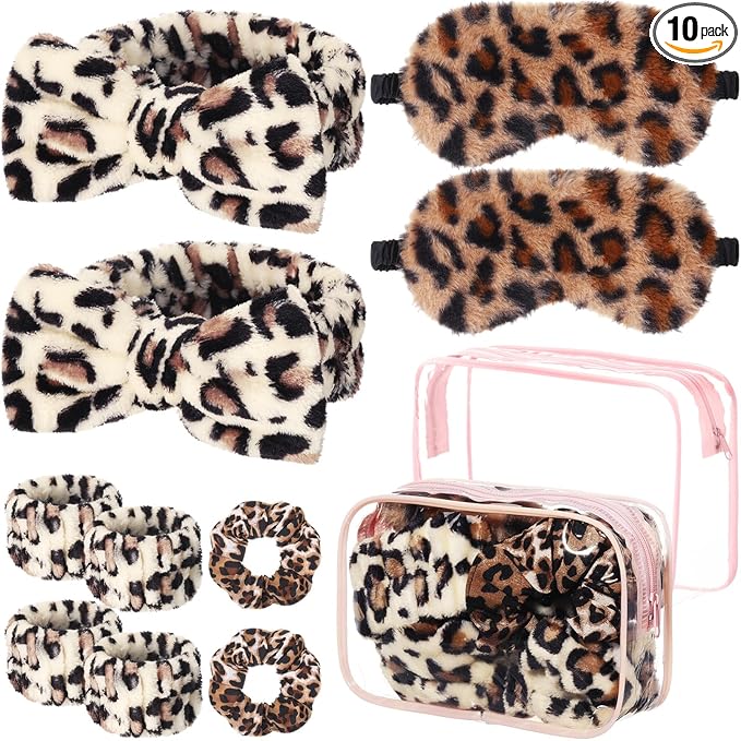 Hoteam 10 Pcs Spa Party Supplies Gift for Mother's Day Sleepover Party Favor Spa Headband Wristband Sleep Eye Mask Velvet Scrunchies for Skin Care Makeup Slumber Night Favor(Leopard Print)