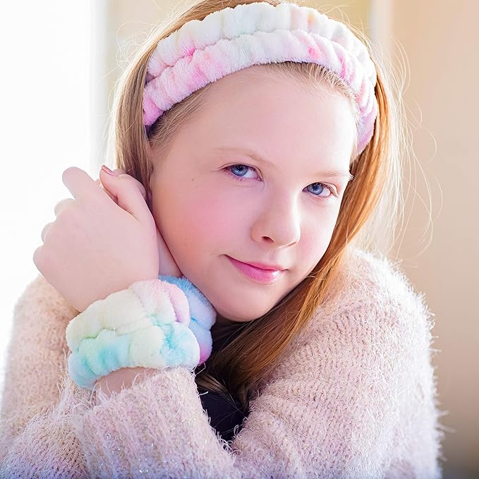 FROG SAC Spa Headband and Wristbands for Face Washing, Fuzzy Skincare Make Up Headbands Set for Women, Soft Puffy Makeup Skin Care Facewashing Hair Band Accessories for Girls (Rainbow Tie Dye)